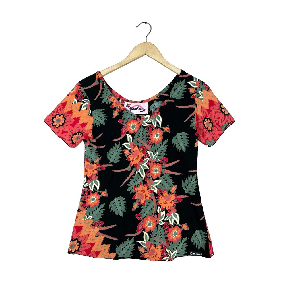 Vintage‎ Rainbow Jo Hawaiian Top Womens M Black Floral Tropical Resortwear Boho